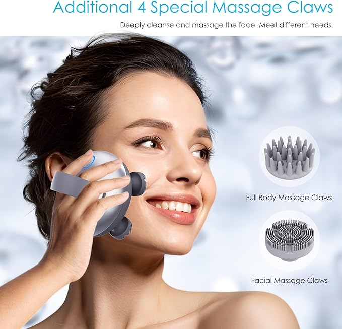 Electric Scalp Massager Hair Growth, IPX7 Waterproof Rechargeable Head Massager Scalp Stress Relax, Portable Handheld Hair Scalp Massager with 8 Removable Massage Claws(Silver)