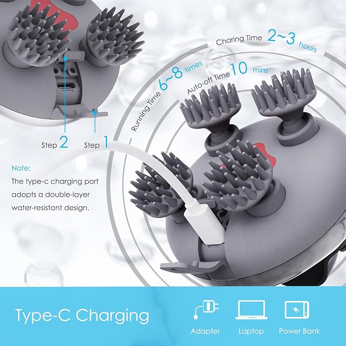 Electric Scalp Massager Hair Growth, IPX7 Waterproof Rechargeable Head Massager Scalp Stress Relax, Portable Handheld Hair Scalp Massager with 8 Removable Massage Claws(Silver)