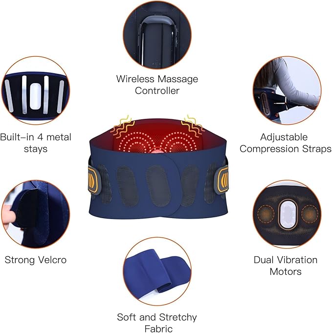 Back Heating Pad with Massager for Back Pain Relief, Detachable Vibrating Massager Waist Lumbar Belt, Wide Range of Fit for 30-53 Waist