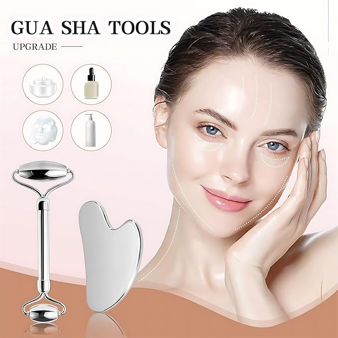 Stainless Steel Face Roller & Gua Sha Set - Anti-Aging Facial Massage Tools for Skin Tightening, Puffiness Reduction, Neck & Eye Rejuvenation - Hygienic Metal Home Skincare Tools