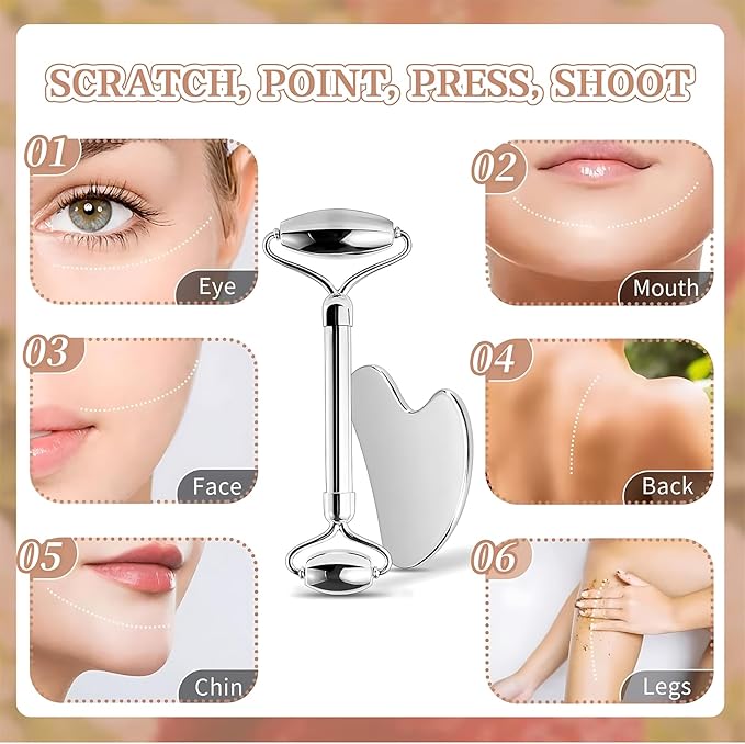 Stainless Steel Face Roller & Gua Sha Set - Anti-Aging Facial Massage Tools for Skin Tightening, Puffiness Reduction, Neck & Eye Rejuvenation - Hygienic Metal Home Skincare Tools