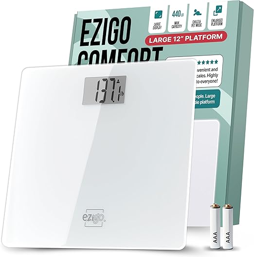 Professional Bathroom Scale for Body Weight with XL Platform Accurate Body Weight Scale for Adults, Seniors and Pets, 12-inch 30cm Large Platform, High Capacity 440lb/200kg, Batteries Included, White