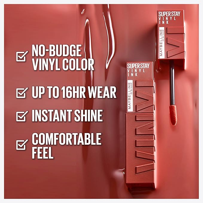 MAYBELLINE Super Stay Vinyl Ink Longwear No-Budge Liquid Lipcolor Makeup Bundle with Royal Deep Wine Red 0.14 fl oz and Fearless Brown 0.14 fl oz Lipsticks