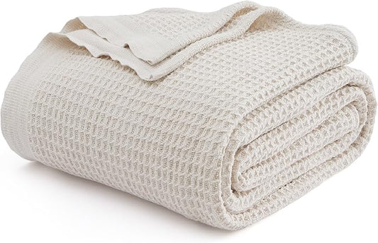 Bedsure 100% Cotton Blanket Twin XL Size for Bed - Breathable and Soft, Waffle Weave Blanket for Summer Spring, Light Beige, 66x90 inches