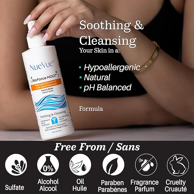 BioForce HOCl Pure Hypochlorous Acid Spray Refill for Face & Body (33 Oz) - Acne-Prone Skin & Eczema, Piercing aftercare, Made in Canada, Gentle Skin Cleanser & Toner, pH Balanced, Non-comedogenic