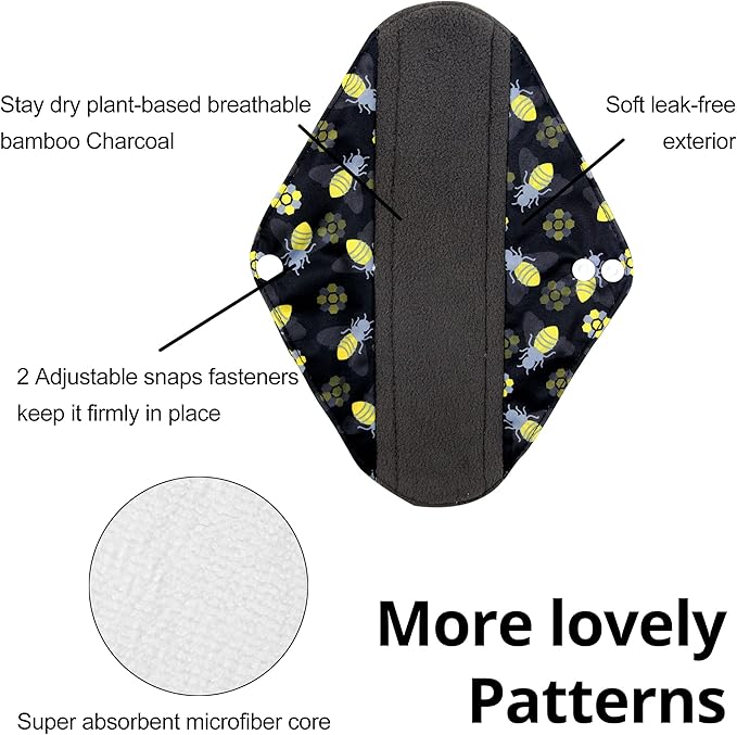 wegreeco Reusable Menstrual Pads for Women - Reusable Sanitary Pads | Reusable Panty Liners | Soft Cloth Menstrual Pads - 5 Pack, 1 Cloth Wet Bag (S, Bee & Bloom)