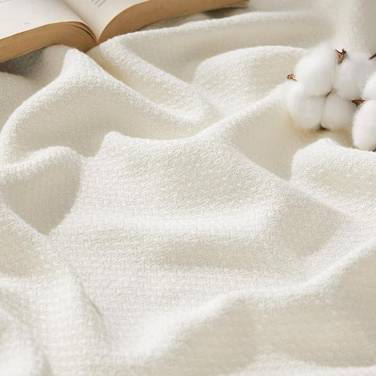 Bedsure 100% Cotton Blanket King Size for Bed - Breathable and Lightweight, Soft Cozy Textured Herringbone Woven Blanket for Summer Spring, Ivory, 108x90 inches