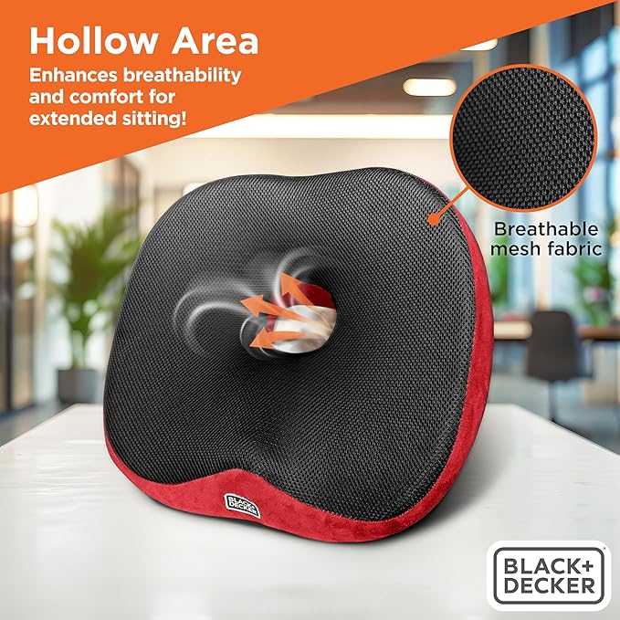 BLACK+DECKER High Back Tailbone Seat Cushion – Memory Foam Chair Cushion for Office, Car, Wheelchair & Airplane – Ergonomic, Non Slip, Breathable Mesh, Sciatic Pain Relief, Washable Cover, Purple