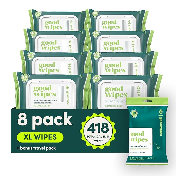 goodwipes Flushable Butt Wipes - Extra Large Adult Wet Wipes For Women & Men - Bathroom Essentials - Sewer & Septic Safe - Botanical Bliss, 418 Count (8 Packs + 1 Travel)