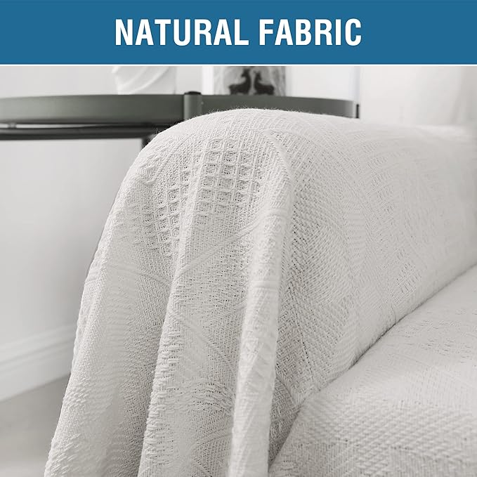 H.VERSAILTEX Cotton Sofa Covers Couch Cover Sofa Slipcover for Most Shape Sofas, Feature Thick Woven Jacquard Seamless with Tassels, Multi-Use Decorative for Couch (X-Large: 71" x 118", White)
