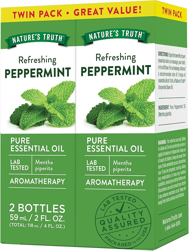 Nature's Truth Peppermint Essential Oil | Diffuser, Shower, or Bath | 2 Pack of 2 Fluid Ounces (59 mL) | Mentha Piperita