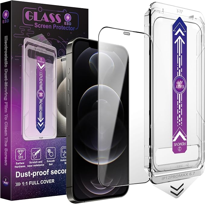 2 Pack Screen Protector for iPhone 12 Pro Max, 9H Tempered Glass, Full Coverage