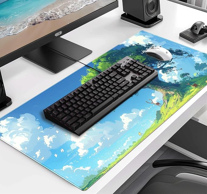 Simple and Cute Anime Landscape Computer Mouse Pad, Large Green Plant Outdoor
