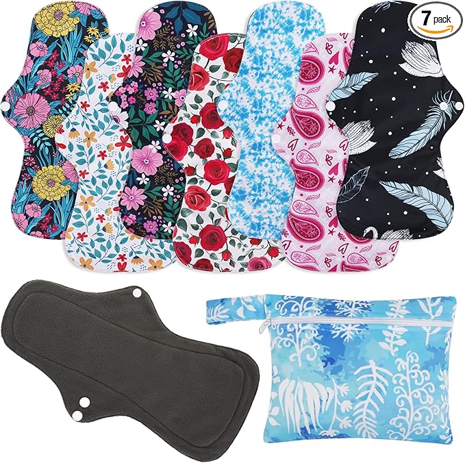 PHOGARY Reusable Menstrual Pads (7 in 1), Bamboo Cloth Pads for Heavy Flow with Wet Bag, Washable Overnight Cloth Panty Liners Period Pad, Large Sanitary Pad Set with Wings for Women