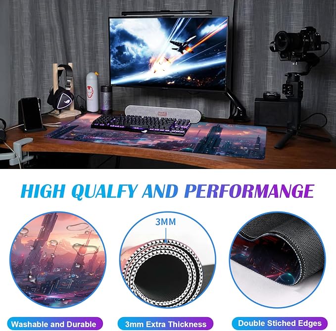 Digital Anime City Night View Office Art Desk Mat, Female Aesthetic Style