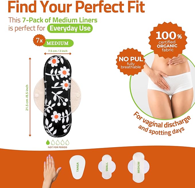 Organic Cotton Reusable Panty Liners for Women & Teens (Medium, 7-Pack); High-Temp Washable Cloth Liners Made in EU; Stay Fresh & Dry, for Daily Vaginal Discharge Only; 100% Breathable (no PUL/TPU)