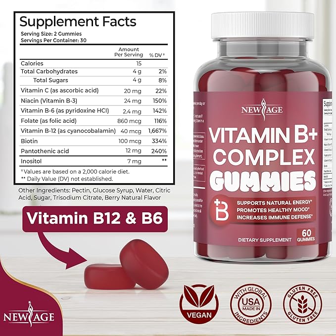 NEW AGE Vitamin B Complex Gummies with Vitamin B3, B6, & B12 – with Biotin, Folic Acid & Vitamin C – Gluten-Free, Vegan, Made in The USA! (120 Count (Pack of 2))