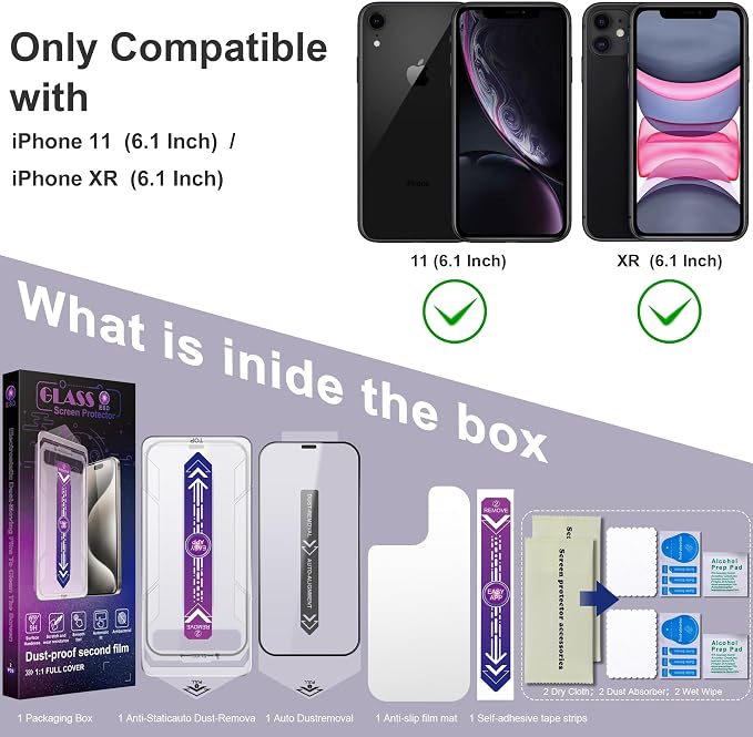 2 Pack Screen Protector for iPhone 11 / iPhon XR, 9H Tempered Glass, Full