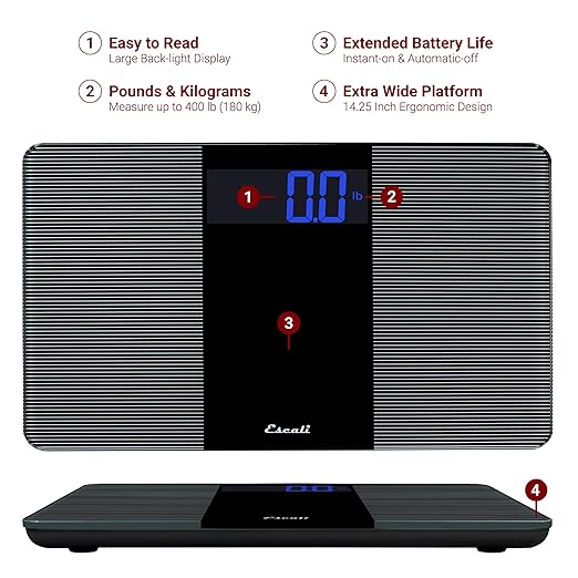 Escali Extra Wide Digital Bathroom Scale for Body Weight with Wide Platform for Natural Stance and Stability, High Capacity of 400 lb, Batteries Included