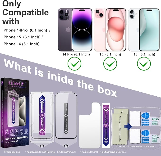 2 Pack Screen Protector for iPhone 14 Pro/iPhone 15 / iPhone 16, 9H Tempered
