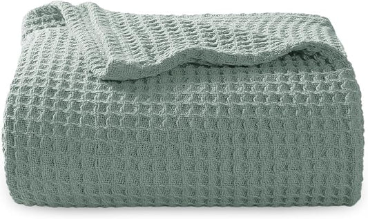 Bedsure 100% Cotton Blanket Twin XL Size for Bed - Breathable and Soft, Waffle Weave Blanket for Summer Spring, Sage Green, 66x90 inches