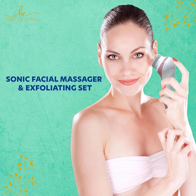 Bella Ciao 5-Piece Sonic Facial Cleansing Brush Set, Pink | Battery Operated Face Scrubber Exfoliator, Makeup Remover Skin Care Tools w/ 4 Attachments| Face Cleansing Brush, Skin Exfoliator for Body