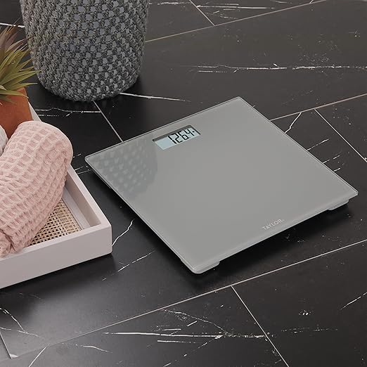 Taylor Digital Scales for Body Weight, Highly Accurate 350 LB Capacity Bathroom Scale, 11.0 x 11.0 Inch Durable Glass Platform, Battery Powered, Easy to Read, Gray
