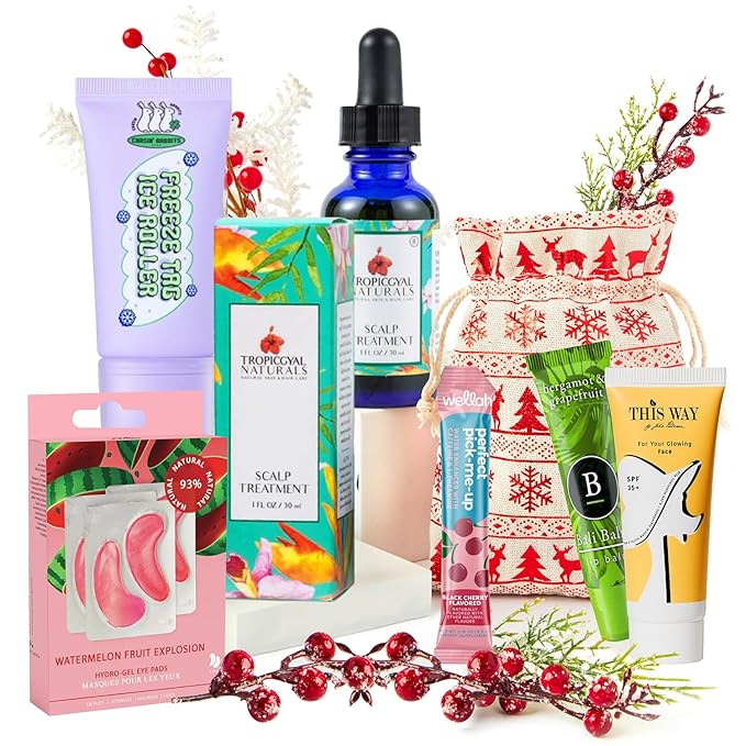 VEGANCUTS Complete Skin Rescue Self-Care Set – Face Sunscreen, Watermelon Hydro-Gel Eye Pads, Grapefruit Lip Balm, Scalp Treatment, Freeze Tag Ice Roller, Black Cherry Mist | Holiday Gift Jet