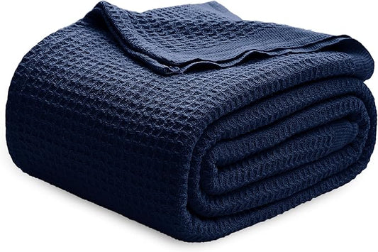 Bedsure 100% Cotton Blanket Queen Size for Bed - Breathable and Soft, Waffle Weave Blanket for Summer Spring, Pageant Blue, 90x90 Inches