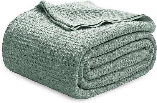 Bedsure 100% Cotton Blanket King Size for Bed - Breathable and Soft, Waffle Weave Blanket for Summer Spring, Sage Green, 104x90 inches