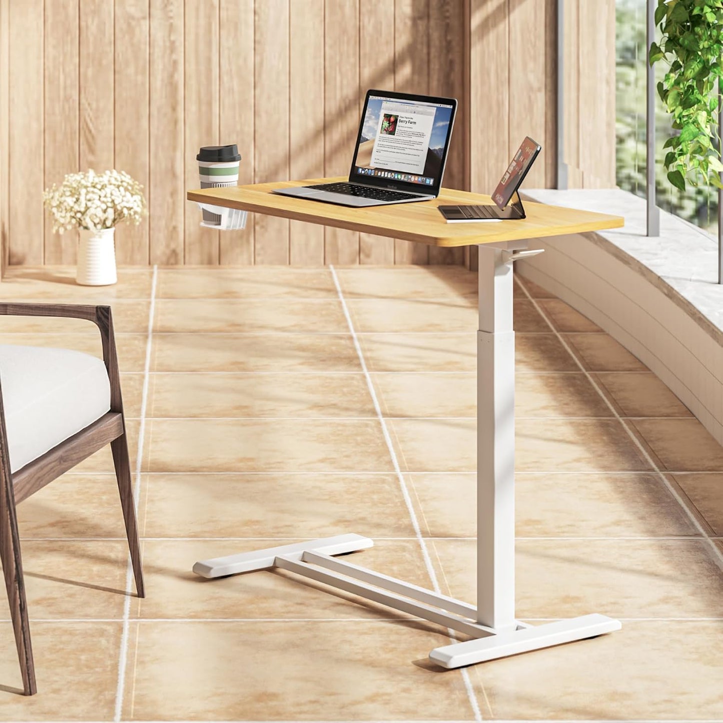 SANODESK Medical Adjustable Overbed Bedside Table with Hidden Casters, Pneumatic Mobile Laptop Computer Standing Desk Cart with Tray, Hospital and Home Use(31.5" W x 17.7" D, Maple)