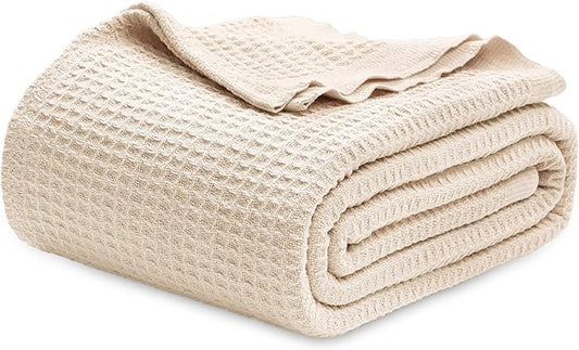 Bedsure 100% Cotton Blanket King Size for Bed - Breathable and Soft, Waffle Weave Blanket for Summer Spring, Beige, 104x90 inches