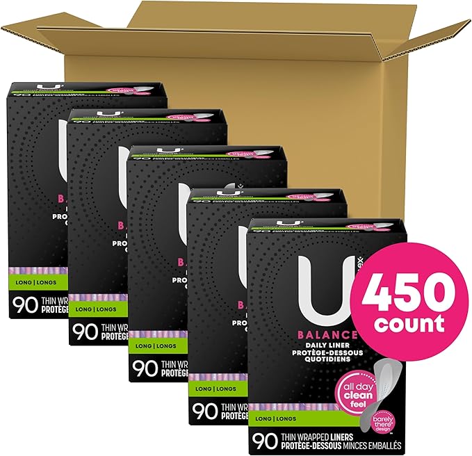 U by Kotex Balance Daily Wrapped Panty Liners, Light Absorbency, Long, 450 Count (5 Packs of 90) (Packaging May Vary)