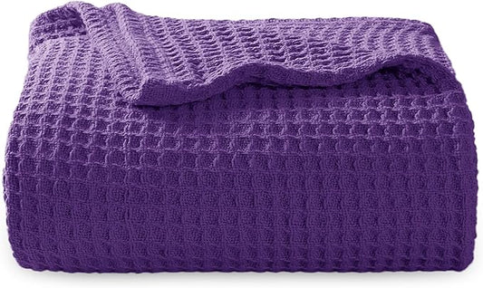 Bedsure 100% Cotton Blanket Twin XL Size for Bed - Breathable and Soft, Waffle Weave Blanket for Summer Spring, Purple, 66x90 inches