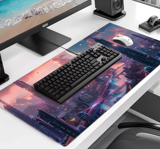Digital Anime City Night View Office Art Desk Mat, Female Aesthetic Style