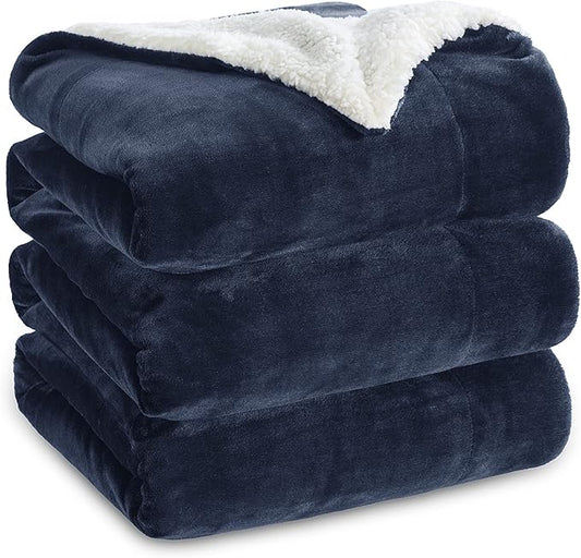 Bedsure Sherpa Fleece Blankets King Size for Bed - Thick and Warm, Soft Fuzzy Plush King Blanket for Winter, Navy, 108x90 Inches