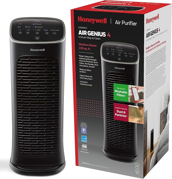 Honeywell HFD280 Compact Air Genius 4 Air Purifier with Permanent Washable Filter, Medium Rooms (150 sq. ft.), Black