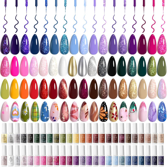 Beetles 50 Colors Gel Liner Nail Polish Set French Tip Nail Art Polish Glitter Brown Purple Blue Gel Nails Polish White Pink Swirl Nails Art Painted Cat Eye Build in Thin Brush Manicure Gift for Women