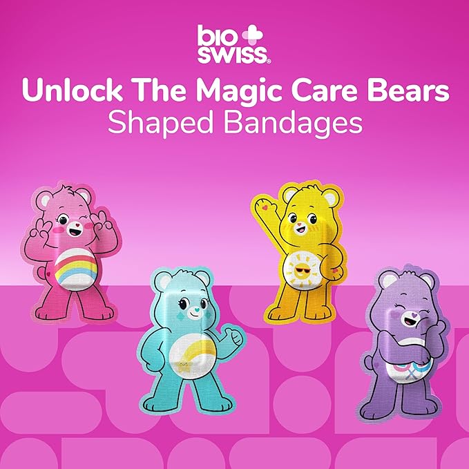 BioSwiss Care Bears Bandages, Unlock The Magic Care Bear Shaped Self Adhesive Bandage, Latex Free Sterile Wound Care, Fun First Aid Kit Supplies for Kids, 24 Count