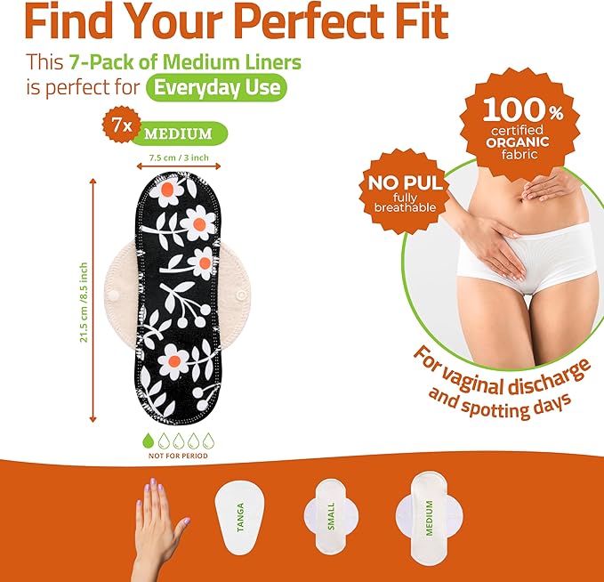 Organic Cotton Reusable Panty Liners for Women & Teens (Medium, 7-Pack); High-Temp Washable Cloth Liners Made in EU; Stay Fresh & Dry, for Daily Vaginal Discharge Only; 100% Breathable (no PUL/TPU)