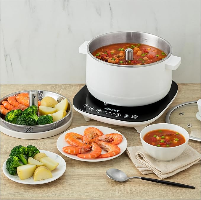 Aroma Housewares 2.5-Liter Smart Electric Hot Pot & Rapid Boil Steamer with Automatic Stainless Steel Steamer Basket Lift, White, ASP-700