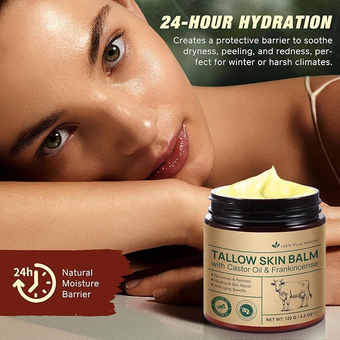 Tallow Castor Frankincense Oil Cream, 2 Pack Beef Tallow for Skin Care with Castor & Frankincense Oil Balm, Moisturising Cream for Face & Body for Sensitive and Dry Skin, Deeply Hydrating Anti-aging