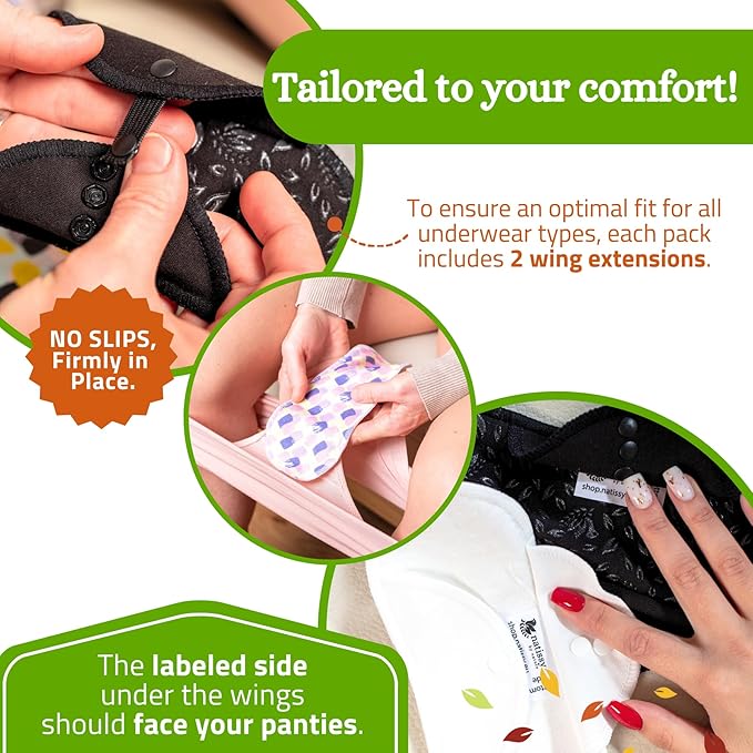 Non-Slip Premium Reusable Period Pads for Heavy Flow & Incontinence (L+XL, 6-Pack); High-Temp Organic Cotton Washable Cloth Pads for Women; Non-Irritating Reusable Pad Menstrual for Comfortable Care