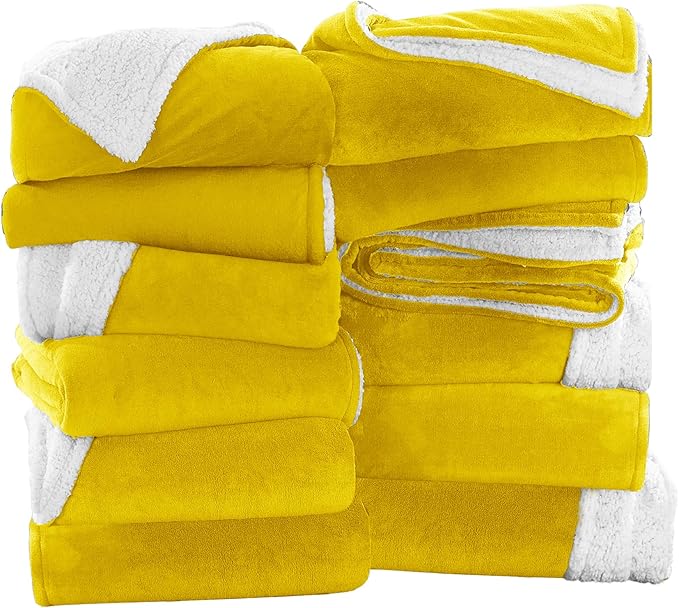 IR Imperial Rooms Ochre Sherpa Fleece Throw Blanket Twin Size for Bed - Wholesale Bulk Pack of 12 Sherpa Blankets - Soft Fluffy Throw Blankets for Hotels, Guest Bedroom (Yellow, 60x80 Inches)
