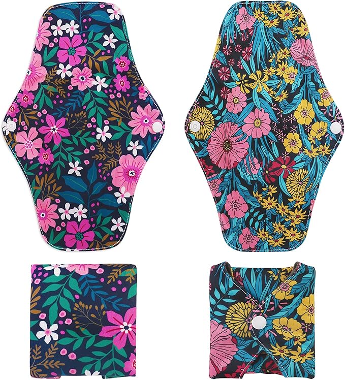 Reusable Menstrual Pads, Bamboo Cloth Pads for Heavy Flow with Wet Bag, Large Sanitary Pad Set with Wings for Women, Washable Overnight Cloth Panty Liners Period Pad (7 in 1, 25.4cm 4 Layers)