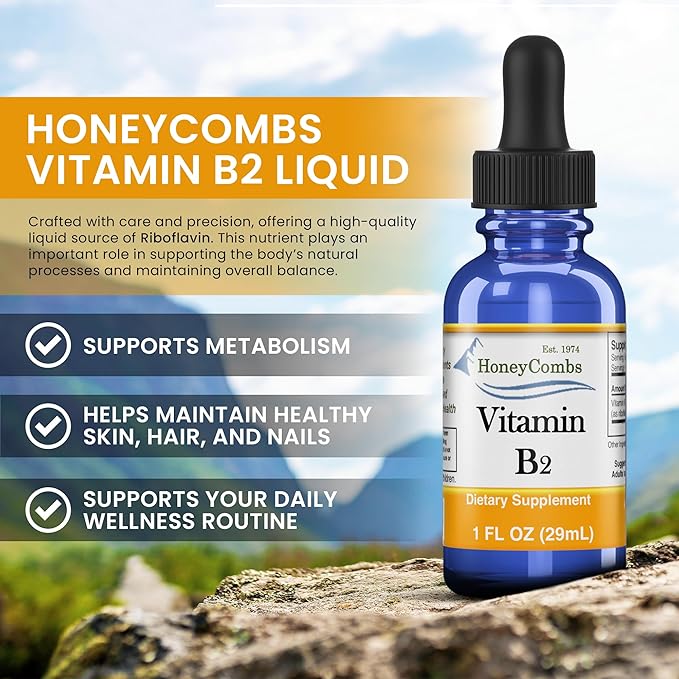 HoneyCombs Vitamin B2 Riboflavin Supplement Liquid Drops - High Potency Vitamin B2 for Men & Women - Maintain Healthy Digestion, Nervous System, Hair, Skin, Nails - Vegan Liquid Vitamins (16 Fl oz)