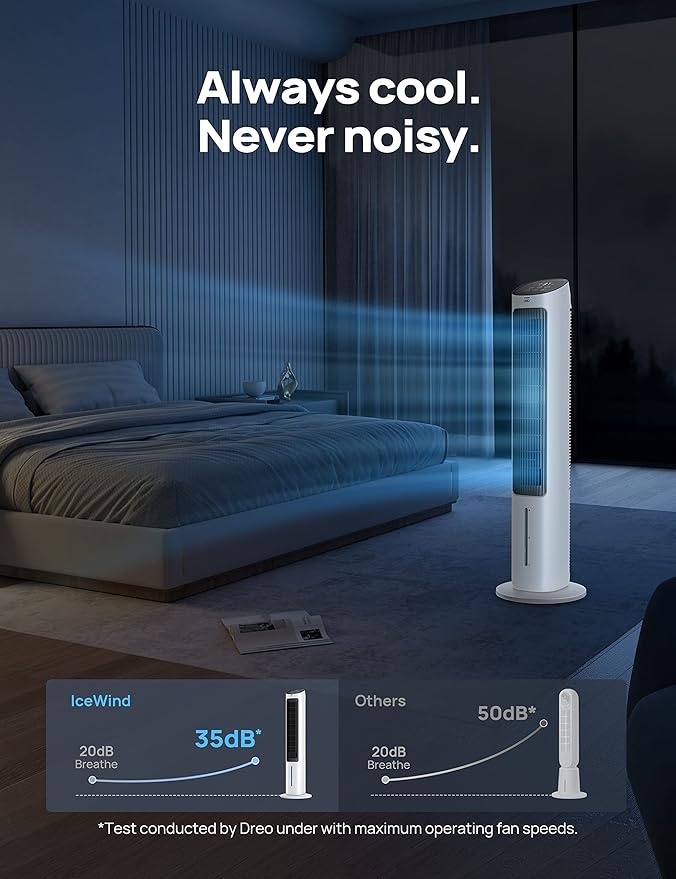Dreo Evaporative Air Swamp Cooler, 40” Standing Fans that Blow Cold Air, 80° Oscillating Bladeless Cooling Fan for Bedroom, Removable Water Tank, Ice Packs, Remote Control, 4 Speeds, White and Black