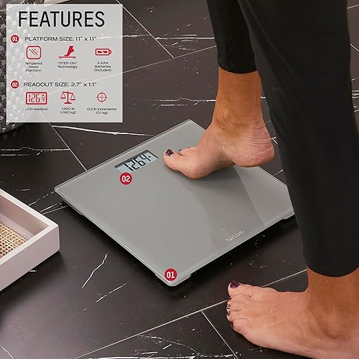 Taylor Digital Scales for Body Weight, Highly Accurate 350 LB Capacity Bathroom Scale, 11.0 x 11.0 Inch Durable Glass Platform, Battery Powered, Easy to Read, Gray