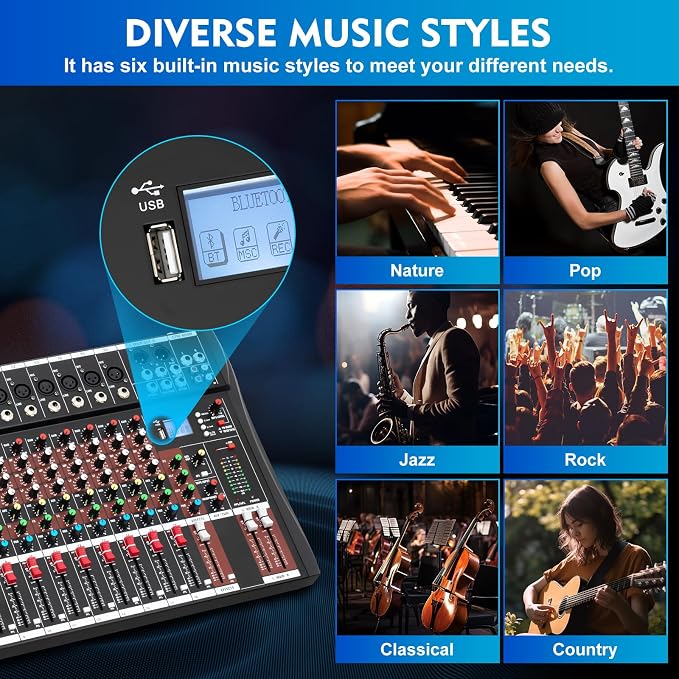 16 Channel Audio Mixer, Soundboard Mixing Console Sound Mixer DJ Sound