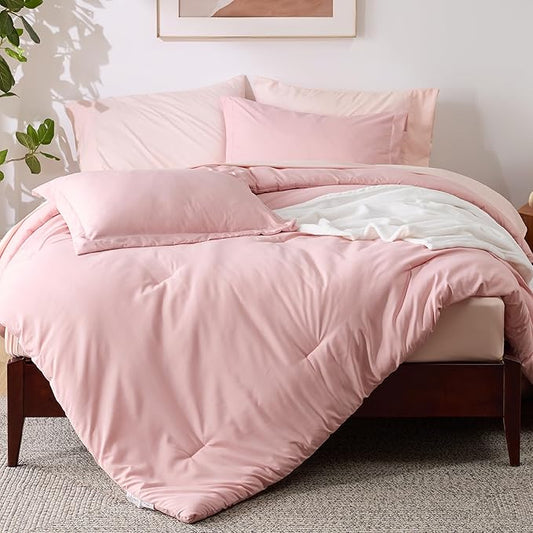 Bedsure Full Comforter Set Pink, 8 Pieces Prewashed Full Size Bed in a Bag with Soft Fleece Bed Blanket, Down Alternative Bedding Set for All Seasons, Sheets, Pillowcases & Shams